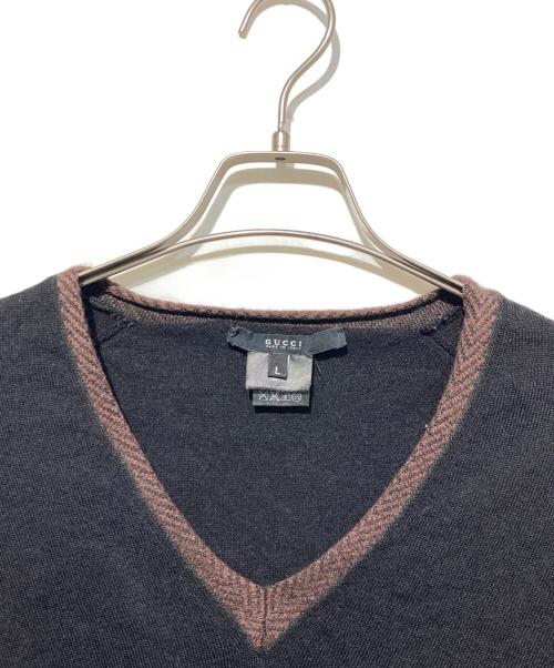 GUCCI（グッチ）GUCCI (グッチ) シルクカシミヤ混Vネックニット ブラック×ブラウン サイズ:Lの古着・服飾アイテム