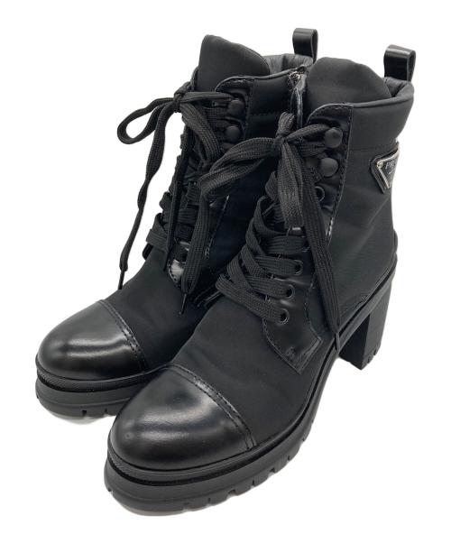 PRADA（プラダ）PRADA (プラダ) ブラッシュドレザー×Re Nylon レースアップ ショートブーツ ブラック サイズ:36 1/2の古着・服飾アイテム