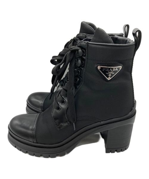 PRADA（プラダ）PRADA (プラダ) ブラッシュドレザー×Re Nylon レースアップ ショートブーツ ブラック サイズ:36 1/2の古着・服飾アイテム