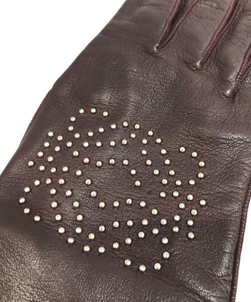 LOEWE（ロエベ）LOEWE (ロエベ) ロゴラインストーンレザーグローブ ブラウンの古着・服飾アイテム