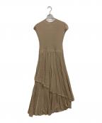 anuansアニュアンス）の古着「アシメティアード透かし編みニットワンピース」｜ベージュ