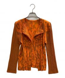 PLEATS PLEASE（プリーツプリーズ）の古着「幾何学模様プリーツカーディガン」｜オレンジ