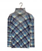 PLEATS PLEASEプリーツプリーズ）の古着「チェックプリーツハイネックカットソー」｜ブルー