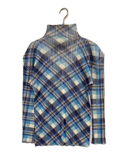 PLEATS PLEASE（プリーツプリーズ）PLEATS PLEASE (プリーツプリーズ) チェックプリーツハイネックカットソー ブルー サイズ:4の古着・服飾アイテム