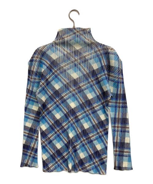 PLEATS PLEASE（プリーツプリーズ）PLEATS PLEASE (プリーツプリーズ) チェックプリーツハイネックカットソー ブルー サイズ:4の古着・服飾アイテム