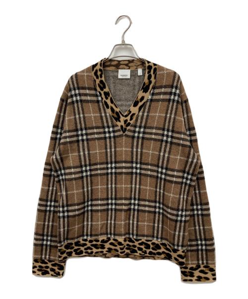 BURBERRY LONDON（バーバリーロンドン）BURBERRY LONDON (バーバリーロンドン) レオパード ノバチェック Vネックニット ブラウン サイズ:Sの古着・服飾アイテム