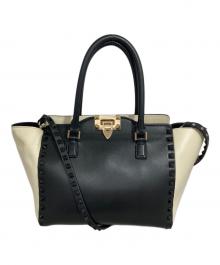 VALENTINO（ヴァレンティノ）の古着「ロックスタッズ スモール ダブルハンドル トートバッグ」｜ホワイト×ブラック