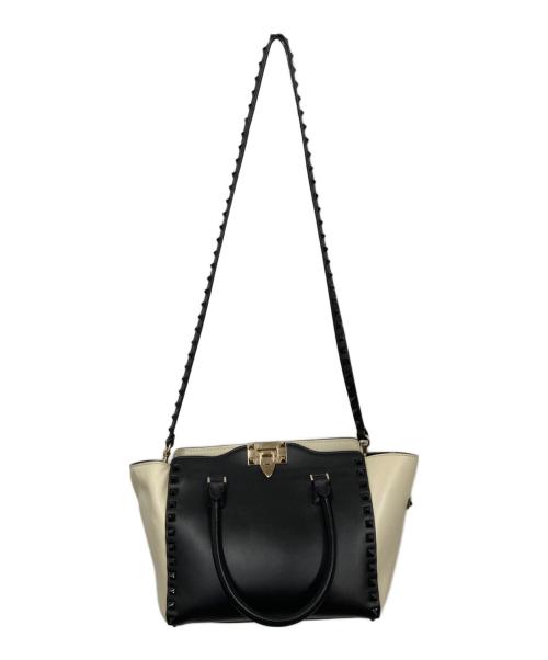 VALENTINO（ヴァレンティノ）VALENTINO (ヴァレンティノ) ロックスタッズ スモール ダブルハンドル トートバッグ ホワイト×ブラックの古着・服飾アイテム