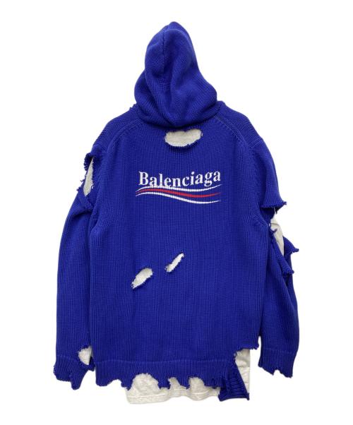 BALENCIAGA（バレンシアガ）BALENCIAGA (バレンシアガ) キャンペーンロゴ刺繍 デストロイ加工 レイヤードニットパーカー ブルー サイズ:XSの古着・服飾アイテム