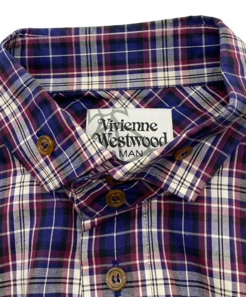 Vivienne Westwood man（ヴィヴィアン ウェストウッド マン）Vivienne Westwood man (ヴィヴィアン ウェストウッド マン) チェックシャツ パープル×ホワイト サイズ:44の古着・服飾アイテム