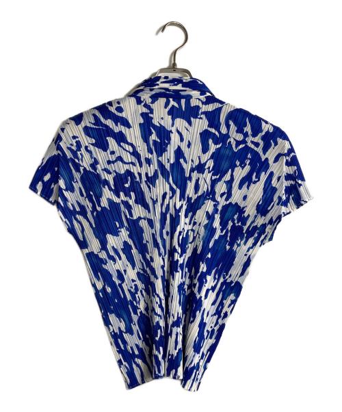 PLEATS PLEASE（プリーツプリーズ）PLEATS PLEASE (プリーツプリーズ) 半袖プリーツシャツ ブルー×ホワイト サイズ:Lの古着・服飾アイテム