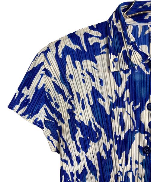 PLEATS PLEASE（プリーツプリーズ）PLEATS PLEASE (プリーツプリーズ) 半袖プリーツシャツ ブルー×ホワイト サイズ:Lの古着・服飾アイテム