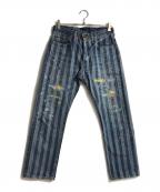 BRU NA BOINNEブルーナボイン）の古着「ヒッコリーペイント加工デニムパンツ」｜インディゴ