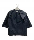 YORIヨリ）の古着「ノーカラー ツイルフレアハーフコート」｜ネイビー