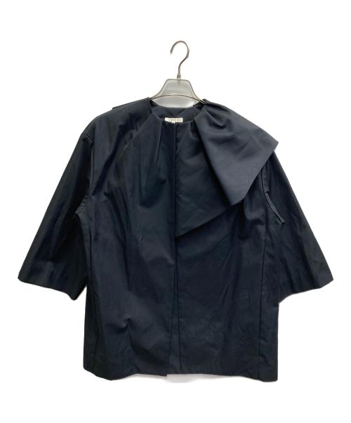 YORI（ヨリ）yori (ヨリ) ノーカラー ツイルフレアハーフコート ネイビー サイズ:36の古着・服飾アイテム