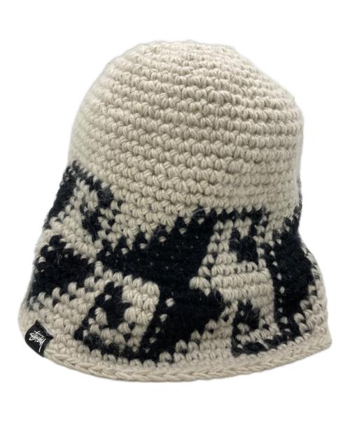 stussy（ステューシー）stussy (ステューシー) WAVES KNIT BUCKET HAT ブラック×アイボリー サイズ:FREEの古着・服飾アイテム