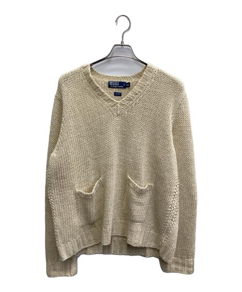 POLO RALPH LAUREN（ポロ・ラルフローレン）POLO RALPH LAUREN (ポロ・ラルフローレン) エルボーパッチ リネンシルクVネックニット アイボリー サイズ:XXLの古着・服飾アイテム