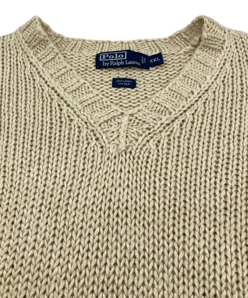 POLO RALPH LAUREN（ポロ・ラルフローレン）POLO RALPH LAUREN (ポロ・ラルフローレン) エルボーパッチ リネンシルクVネックニット アイボリー サイズ:XXLの古着・服飾アイテム
