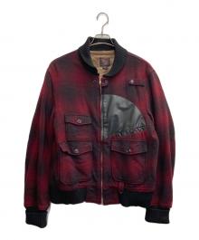 WOOLRICH WOOLEN MILLS（ウールリッチウーレンミルズ）の古着「レザーパッチ シャドウチェック ボンバージャケット」｜レッド