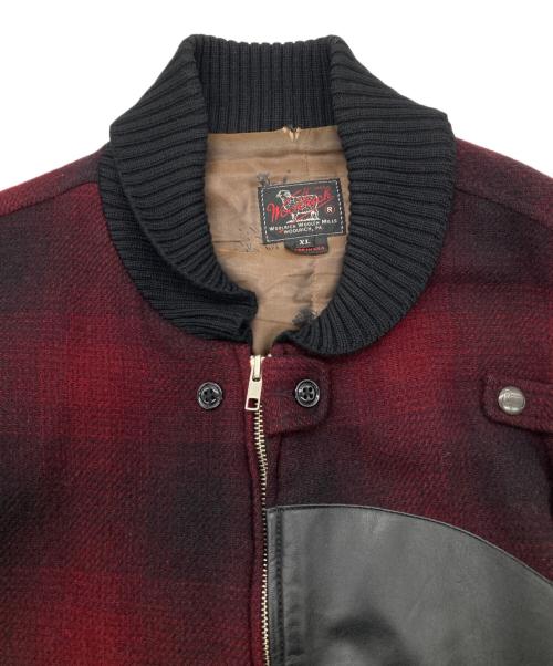 WOOLRICH WOOLEN MILLS（ウールリッチウーレンミルズ）WOOLRICH WOOLEN MILLS (ウールリッチウーレンミルズ) レザーパッチ シャドウチェック ボンバージャケット レッド サイズ:XLの古着・服飾アイテム