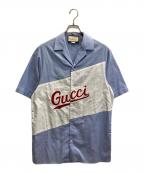 GUCCIグッチ）の古着「ロゴスクリプト オーバーサイズボウリングシャツ」｜ブルー