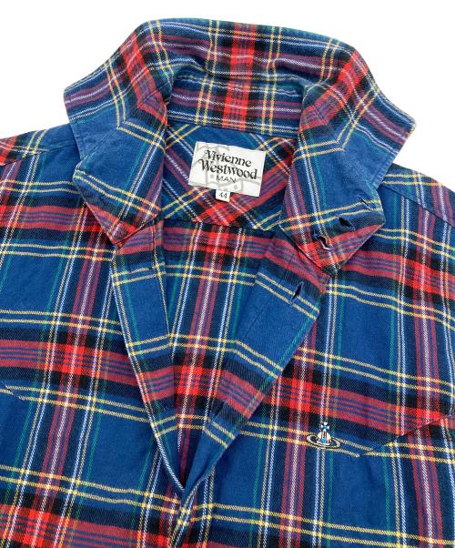 Vivienne Westwood（ヴィヴィアンウエストウッド）Vivienne Westwood (ヴィヴィアンウエストウッド) オーブ刺繍ネルチェックシャツ ブルー×レッド サイズ:44の古着・服飾アイテム