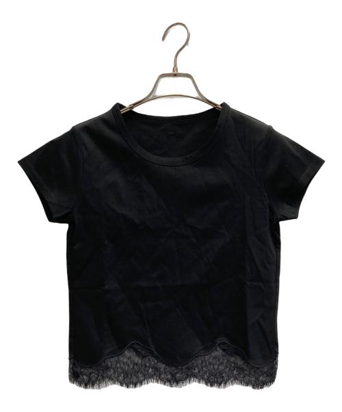 anuans（アニュアンス）anuans (アニュアンス) シルクタッチコットンレーストリムコンパクトTシャツ ブラック サイズ:2の古着・服飾アイテム