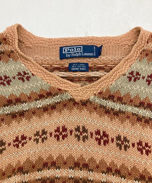 POLO RALPH LAUREN（ポロ・ラルフローレン）POLO RALPH LAUREN (ポロ・ラルフローレン) HAND KNIT コットンリネンニット ブラウン サイズ:Lの古着・服飾アイテム