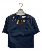 MUVEILミュベール）の古着「Embellished Neck T-shirt 袖フリル宝石刺繍」｜ネイビー