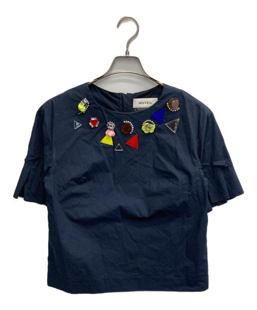 MUVEIL（ミュベール）MUVEIL (ミュベール) Embellished Neck T-shirt 袖フリル宝石刺繍 ネイビー サイズ:36の古着・服飾アイテム