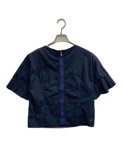 MUVEIL（ミュベール）MUVEIL (ミュベール) Embellished Neck T-shirt 袖フリル宝石刺繍 ネイビー サイズ:36の古着・服飾アイテム