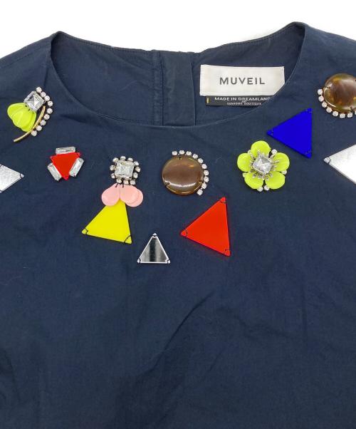 MUVEIL（ミュベール）MUVEIL (ミュベール) Embellished Neck T-shirt 袖フリル宝石刺繍 ネイビー サイズ:36の古着・服飾アイテム