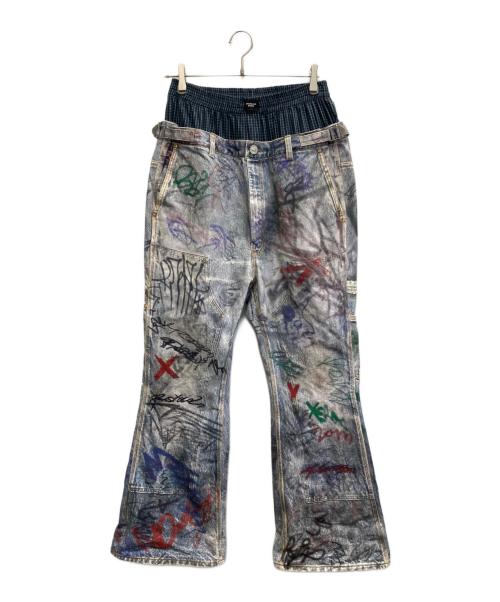 Protocol Index（プロトコルインデックス）Protocol Index (プロトコルインデックス) GRAFFITI TROMPE-L’OEIL LAYERED PANTS ブルー サイズ:Mの古着・服飾アイテム