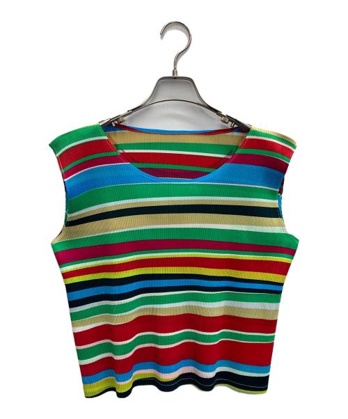 PLEATS PLEASE（プリーツプリーズ）PLEATS PLEASE (プリーツプリーズ) ノースリーブプリーツカットソー レッド×グリーン サイズ:3の古着・服飾アイテム