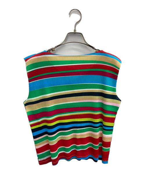 PLEATS PLEASE（プリーツプリーズ）PLEATS PLEASE (プリーツプリーズ) ノースリーブプリーツカットソー レッド×グリーン サイズ:3の古着・服飾アイテム