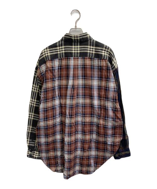 KATHARINE HAMNETT（キャサリンハムネット）KATHARINE HAMNETT (キャサリンハムネット) CHECK MULTI FABRIC SHIRT ブラウン×ネイビー サイズ:Mの古着・服飾アイテム
