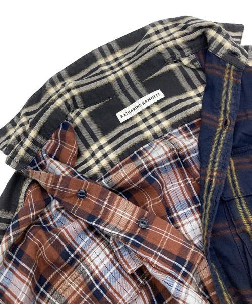 KATHARINE HAMNETT（キャサリンハムネット）KATHARINE HAMNETT (キャサリンハムネット) CHECK MULTI FABRIC SHIRT ブラウン×ネイビー サイズ:Mの古着・服飾アイテム