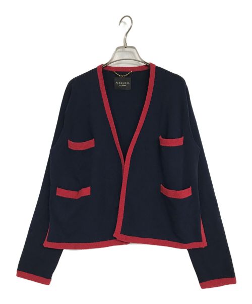 VERMEIL par iena（ヴェルメイユ パー イエナ）VERMEIL par iena (ヴェルメイユ パー イエナ) バイカラーバイピンクニットカーディガン ネイビー サイズ:Fの古着・服飾アイテム