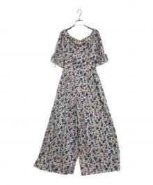 Lily Brown（リリーブラウン）の古着「ドット花柄オフショルロンパース」｜ブルー×ピンク