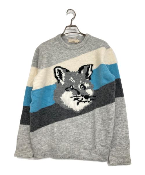maison kitsune（メゾンキツネ）MAISON KITSUNE (メゾンキツネ) Diagonal Fox Head Knit グレー サイズ:Sの古着・服飾アイテム