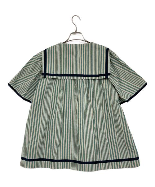 Drowse and yet...（ドラゥズ アンド イエット）drowse and yet... (ドラゥズ アンド イエット) コットンリネンストライプのセーラーブラウス グリーン サイズ:記載なしの古着・服飾アイテム