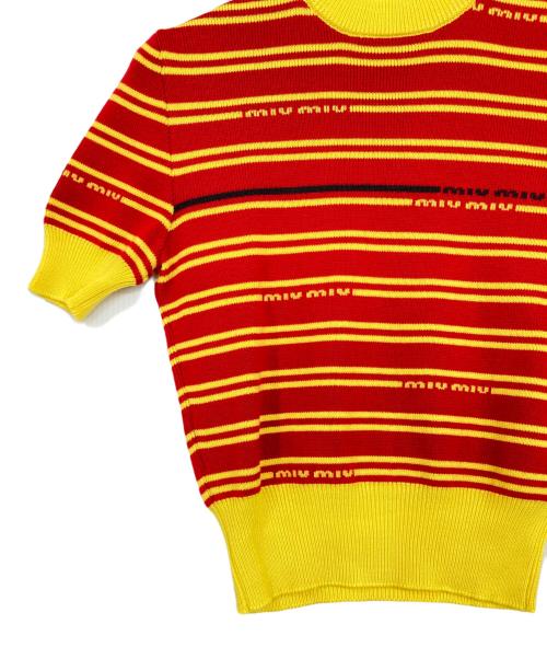 MIU MIU（ミュウミュウ）MIU MIU (ミュウミュウ) 半袖ウールニット イエロー×レッド サイズ:40の古着・服飾アイテム