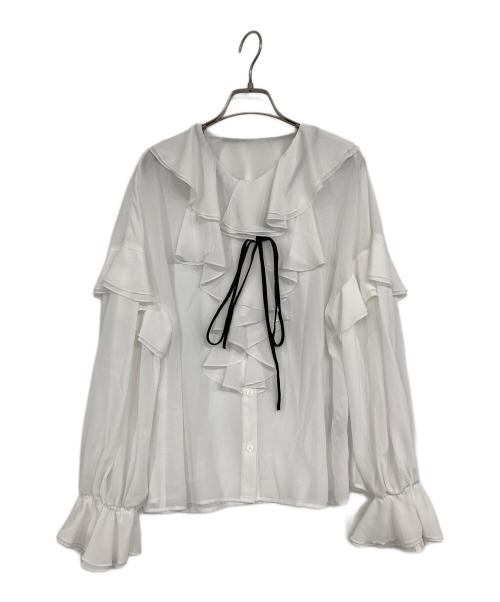 Mila Owen（ミラオーウェン）Mila Owen (ミラオーウェン) ベロアリボン付きラッフルブラウス ホワイトの古着・服飾アイテム