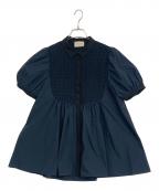 UNITED ARROWSユナイテッドアローズ）の古着「エンブロイダリー コンビ ショートスリーブ ブラウス」｜ネイビー