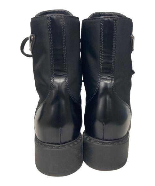 PRADA（プラダ）PRADA (プラダ) Re Nylon トライアングルロゴ ブラッシュドレザー レースアップ ショートブーツ ブラック サイズ:37 1/2の古着・服飾アイテム