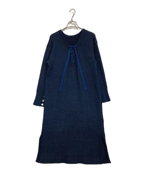45R（フォーティファイブ・アール）45R (フォーティファイブ・アール) レースアップニットワンピース ネイビーの古着・服飾アイテム