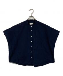 HUIS（ハウス）の古着「オーガニックコットンバンドカラー半袖ワイドブラウス」｜ネイビー