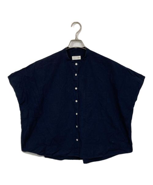 HUIS（ハウス）HUIS (ハウス) オーガニックコットンバンドカラー半袖ワイドブラウス ネイビー サイズ:Fの古着・服飾アイテム