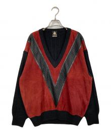 LANVIN（ランバン）の古着「異素材ドッキングVネックニット」｜レッド×ブラック