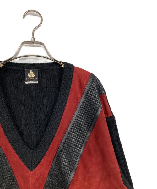 LANVIN（ランバン）LANVIN (ランバン) 異素材ドッキングVネックニット レッド×ブラック サイズ:表記無しの古着・服飾アイテム